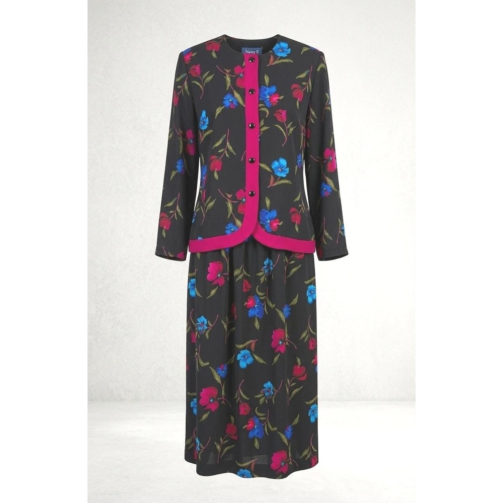 Nancy II Vintage 90s Floral Skirt Set Black Pink Blue Two Piece Size 14 USA Made